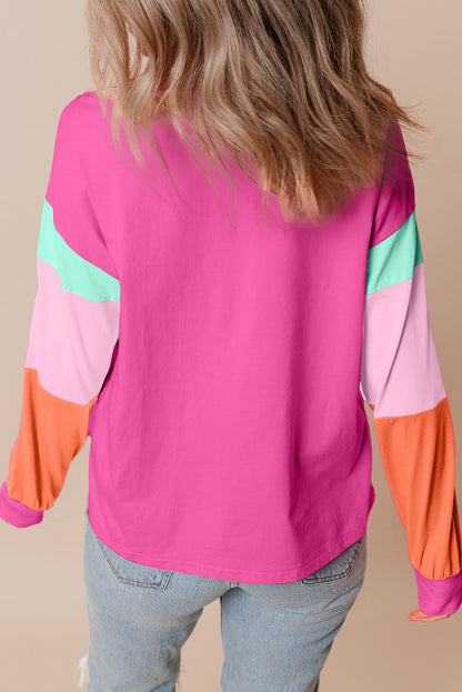 Chenille Love Patched Colourblock Long Sleeve Crewneck Top | Rose Red