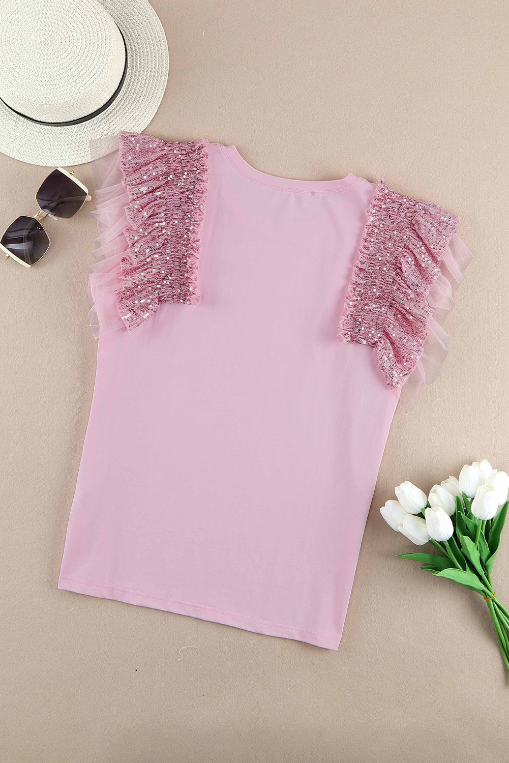 Sequined Ruffle Mesh Sleeves Top | Pink