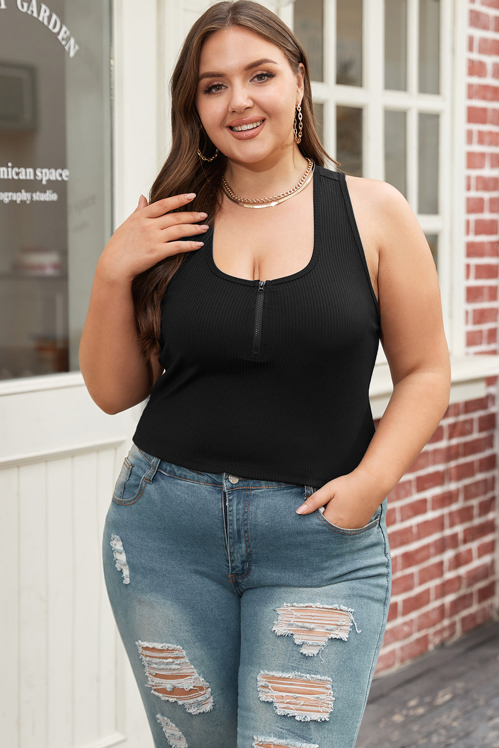 Plus Size Zipper Front Racerback Ribbed Tank Top | Black