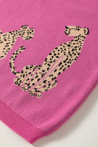 Leopard Ruffled Sleeve Round Neck Knit Sweater | Pink