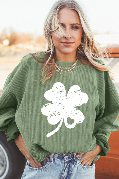 Distressed Clover Print St Patricks Corded Sweatshirt | Grass Green