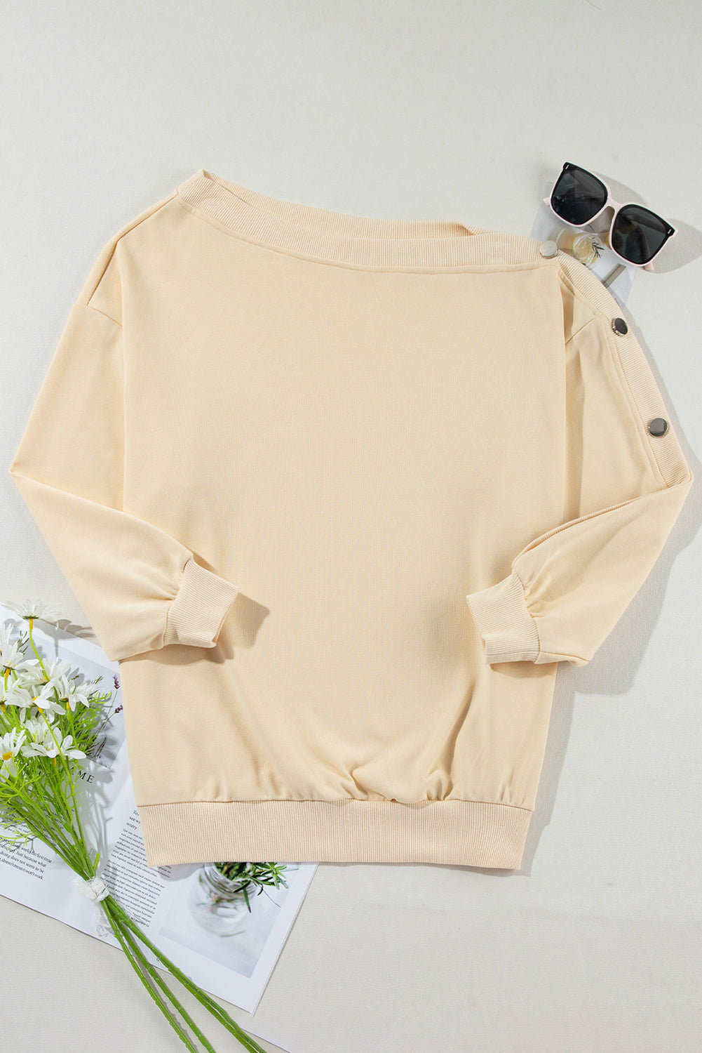 Buttoned Sleeve Dropped Shoulder Sweatshirt | Beige