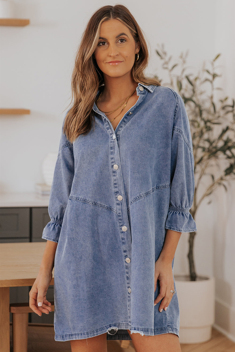 Buttoned Long Sleeve Denim Mini Dress | Sky Blue