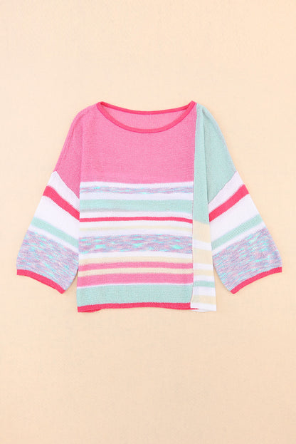 Colour Block Striped Three-Quarter Sleeve Knitted Top | Pink