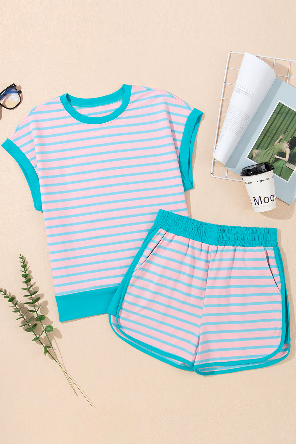 Colour Block Loose Fit Two Piece Shorts Set | Pink Stripe