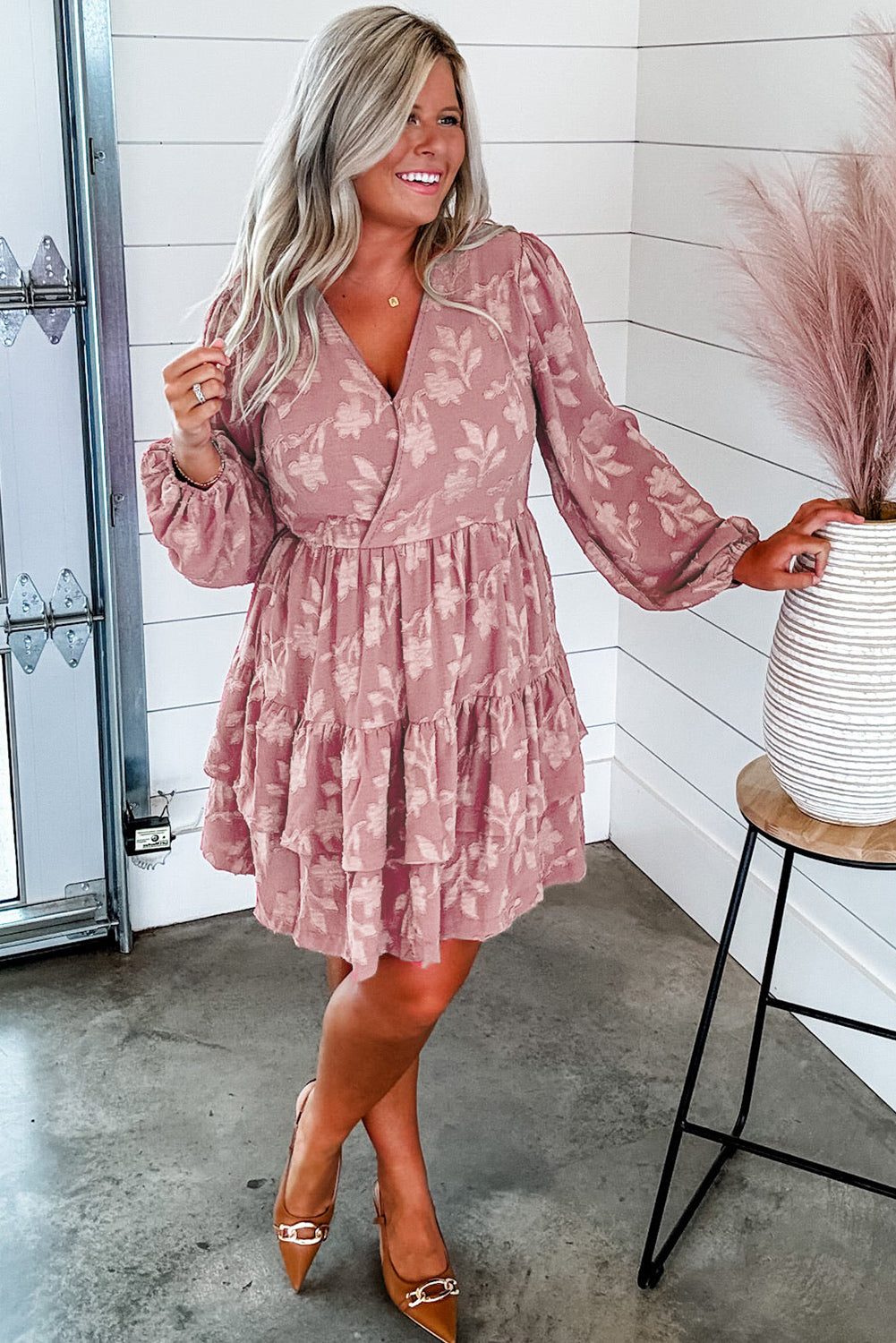 Floral Surplice V Neck Tiered Ruffled Plus Size Dress | Peach Blossom