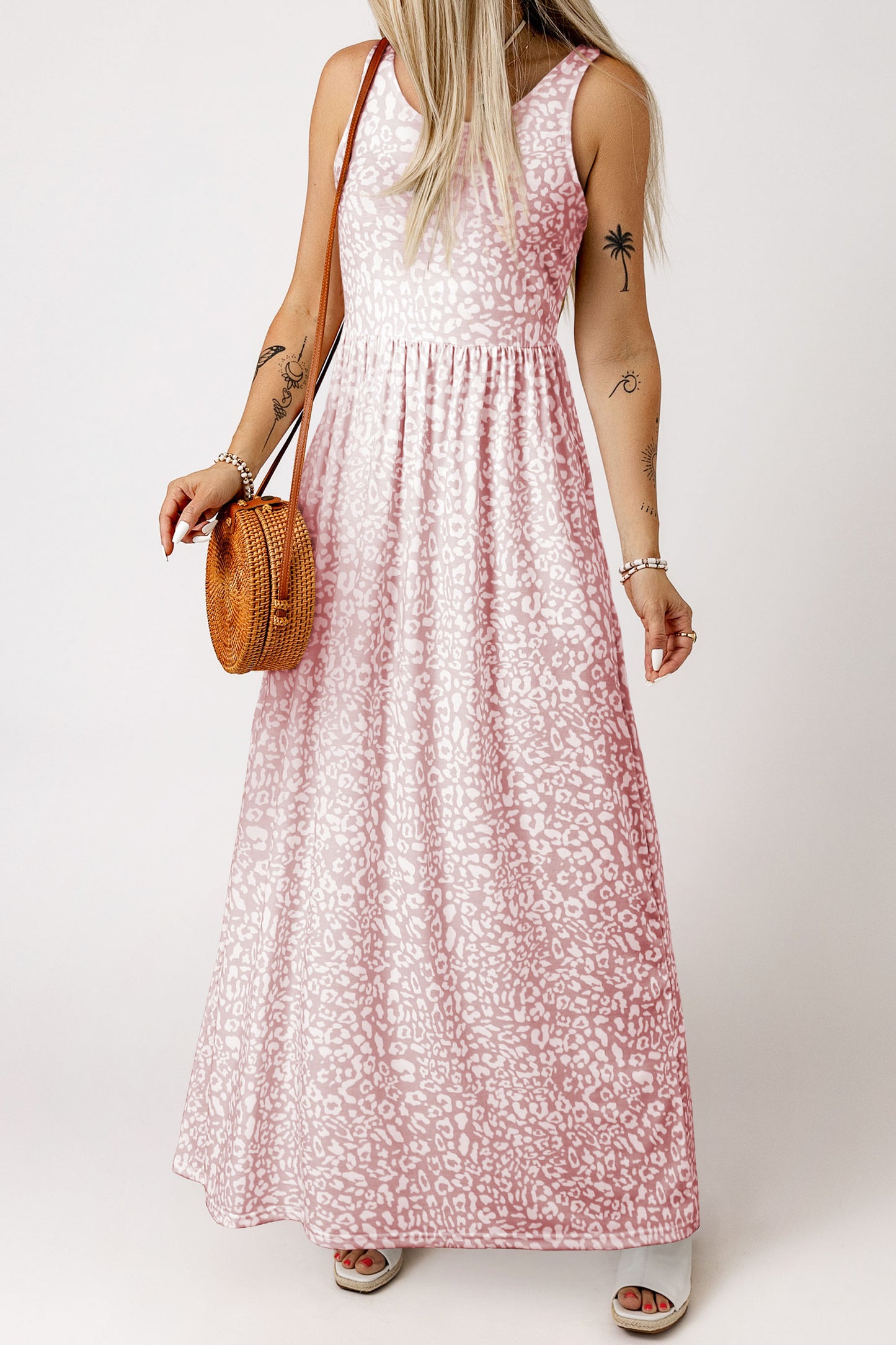 Leopard Print Pocketed Sleeveless Maxi Dress | Pink