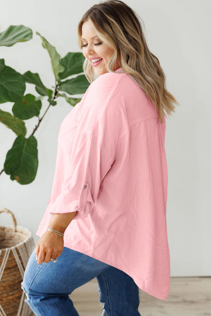 Flap Pocket Tab Sleeve Button-Down Plus Size Shirt | Pink