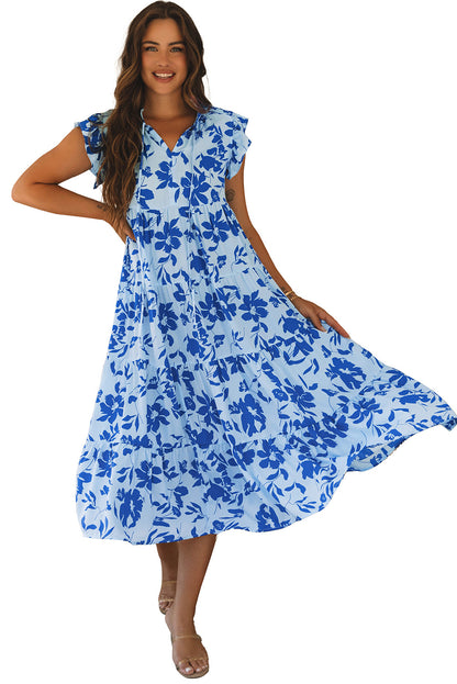 Floral Print Tiered Frilled Trim Flutter Sleeve Maxi Dress | Sky Blue