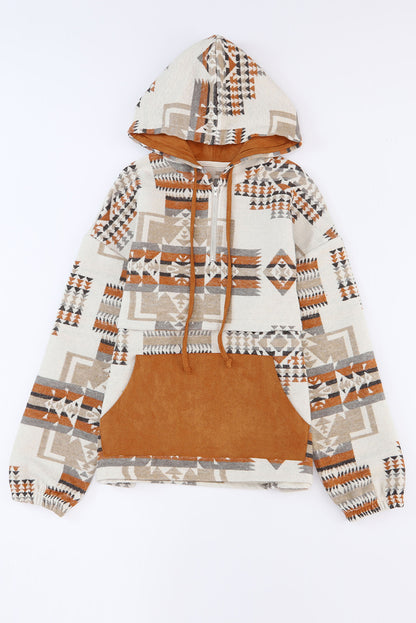 Aztec Print Kangaroo Pocket Half-Zip Hoodie | Beige