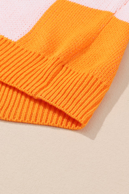 Orange Checkered Bishop Sleeve Sweater | Grapefruit Orange