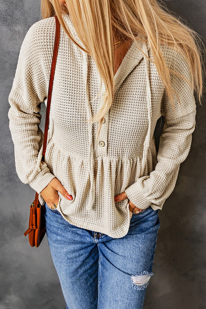 Waffle Knit Buttons Ruffled Hooded Top | Apricot