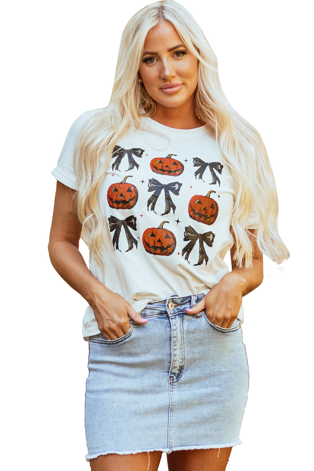 Halloween Pumpkin Face Bowknot Graphic T Shirt | White