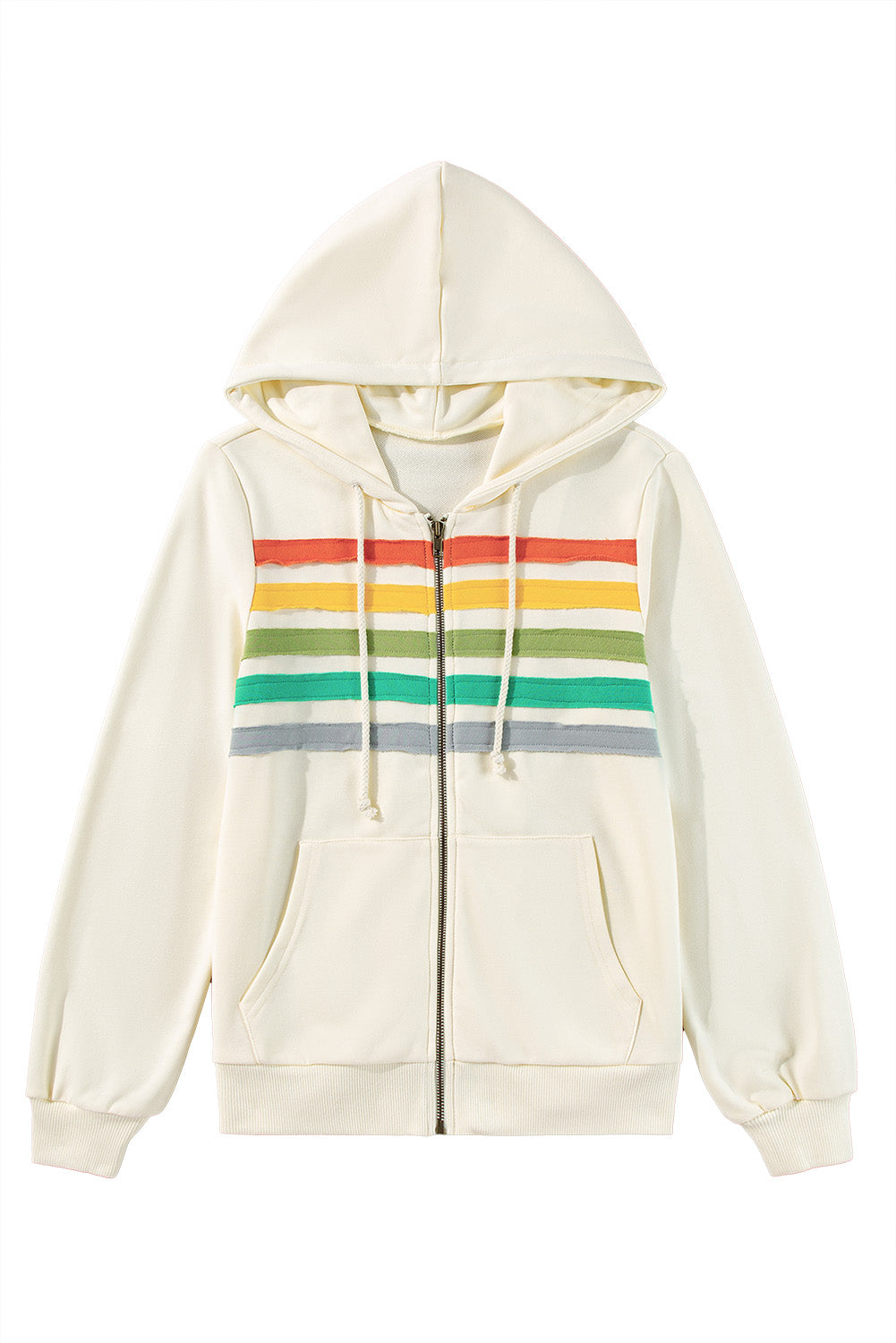 Colourblock Striped Patchwork Side Pockets Zipper Hoodie | Apricot