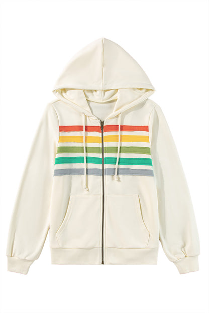 Colourblock Striped Patchwork Side Pockets Zipper Hoodie | Apricot