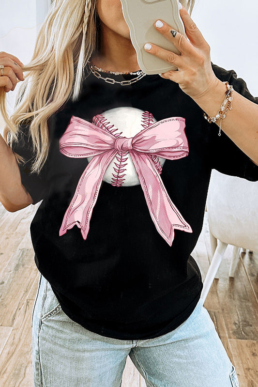 Black Baseball Bow Knot Print Round Neck T Shirt