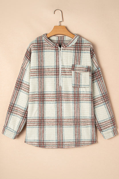 Plus Size Plaid Half-Zipper Sweatshirt With Chest Pocket | Beige