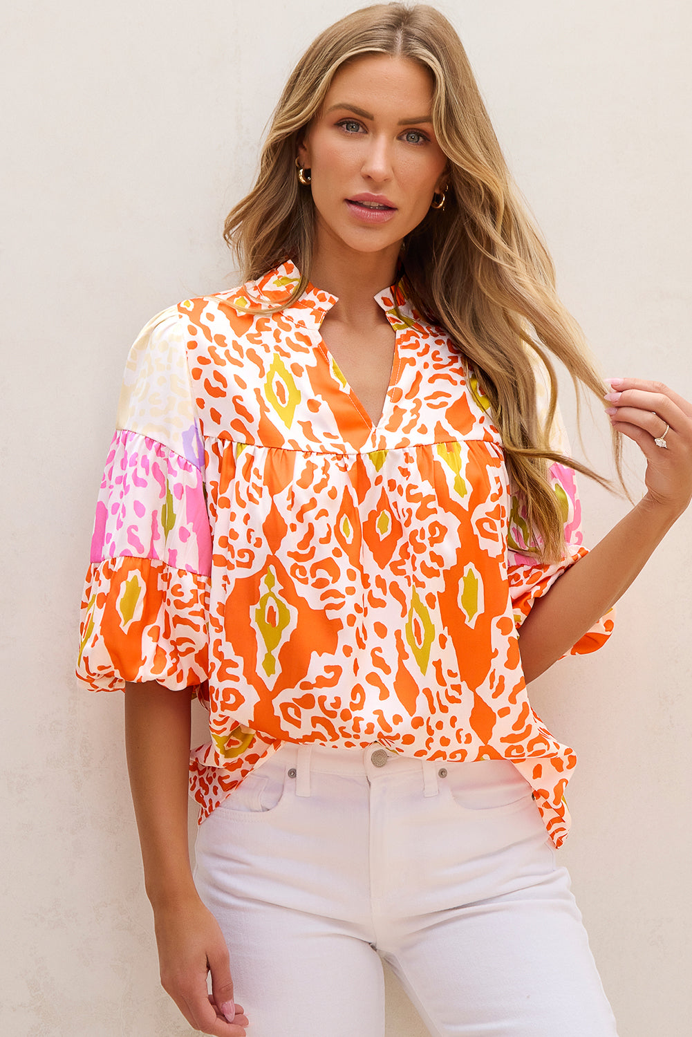 Leopard Colourblock Puff Sleeve Split Neck Blouse | Orange