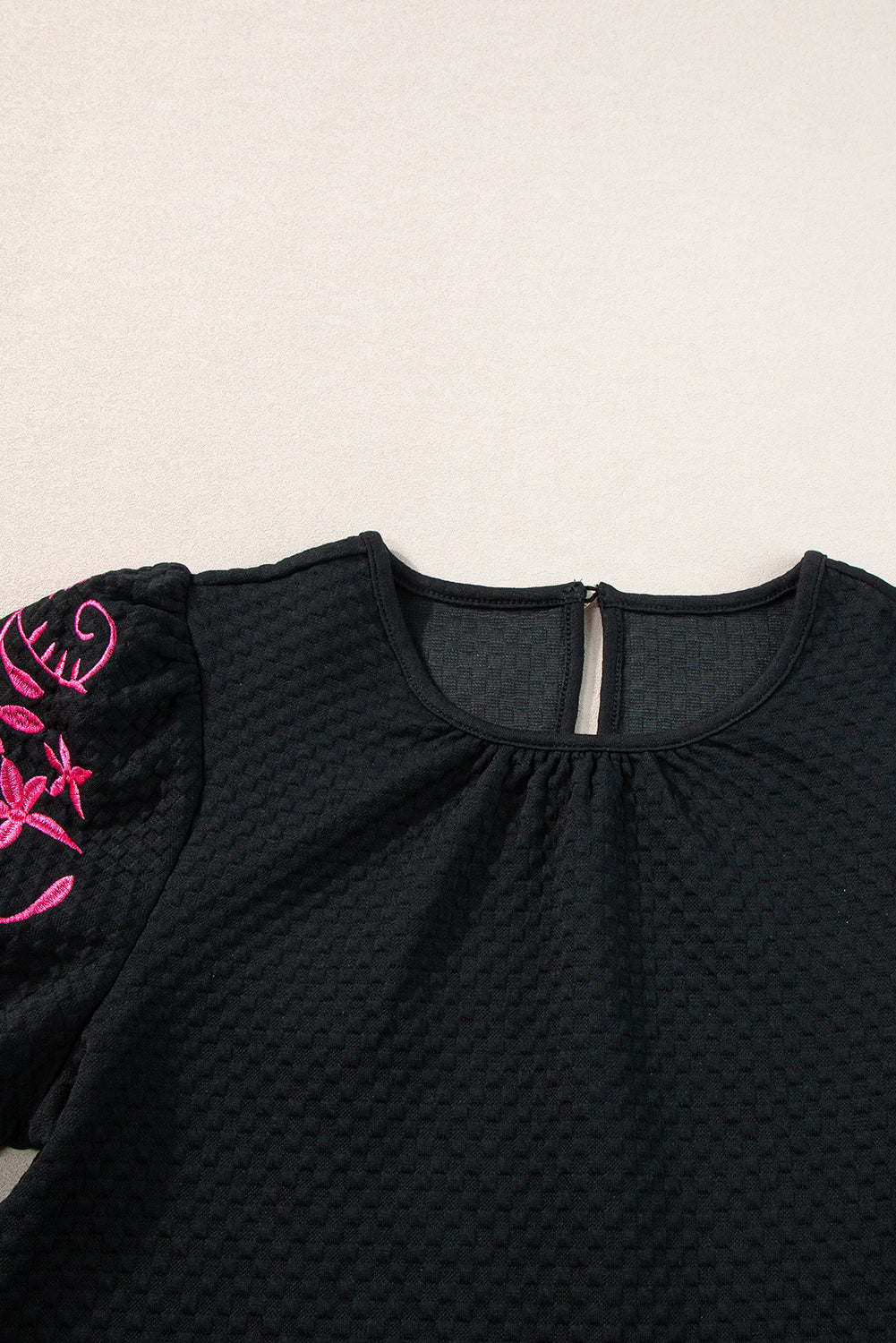 Floral Embroidered Textured Puff Sleeve T Shirt | Black