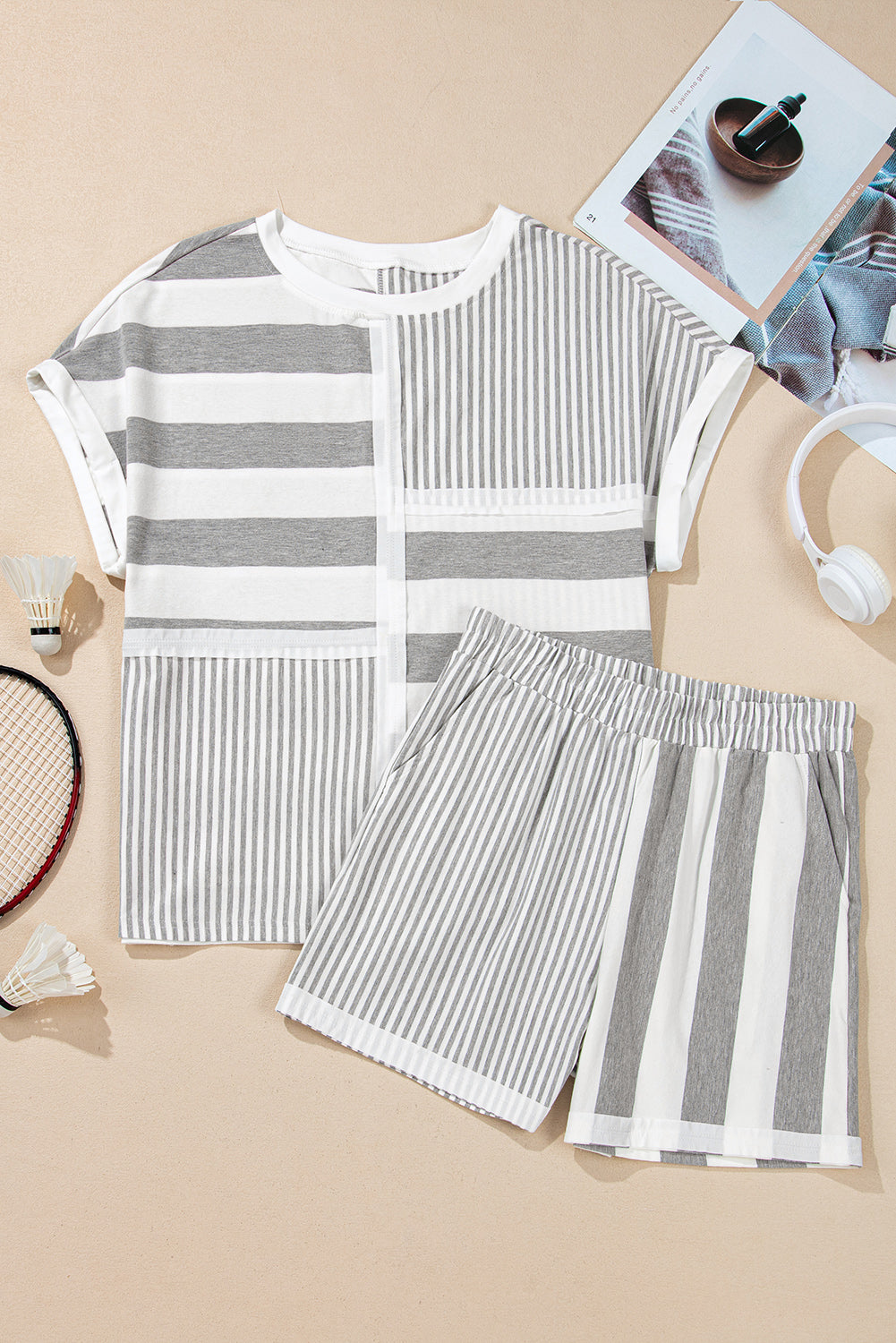 Mixed Print Short Sleeve Top And Pocketed Shorts Set | Gray Stripe