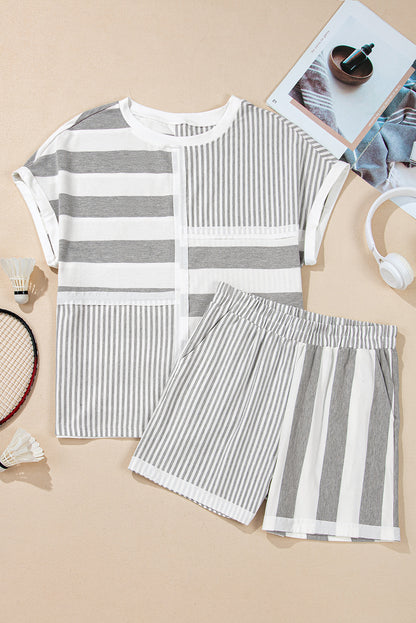 Mixed Print Short Sleeve Top And Pocketed Shorts Set | Gray Stripe