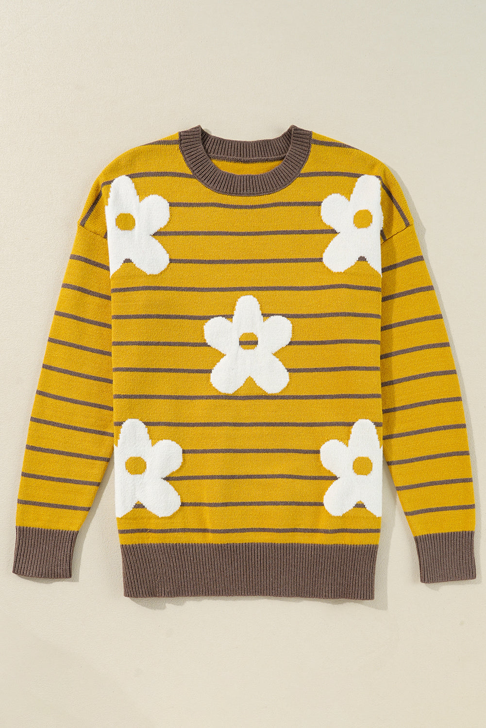 Daisy Floral Knitted Round Neck Sweater | Yellow Stripe