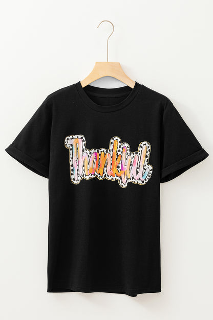 Thankful Cow Print Crew Neck T Shirt | Black