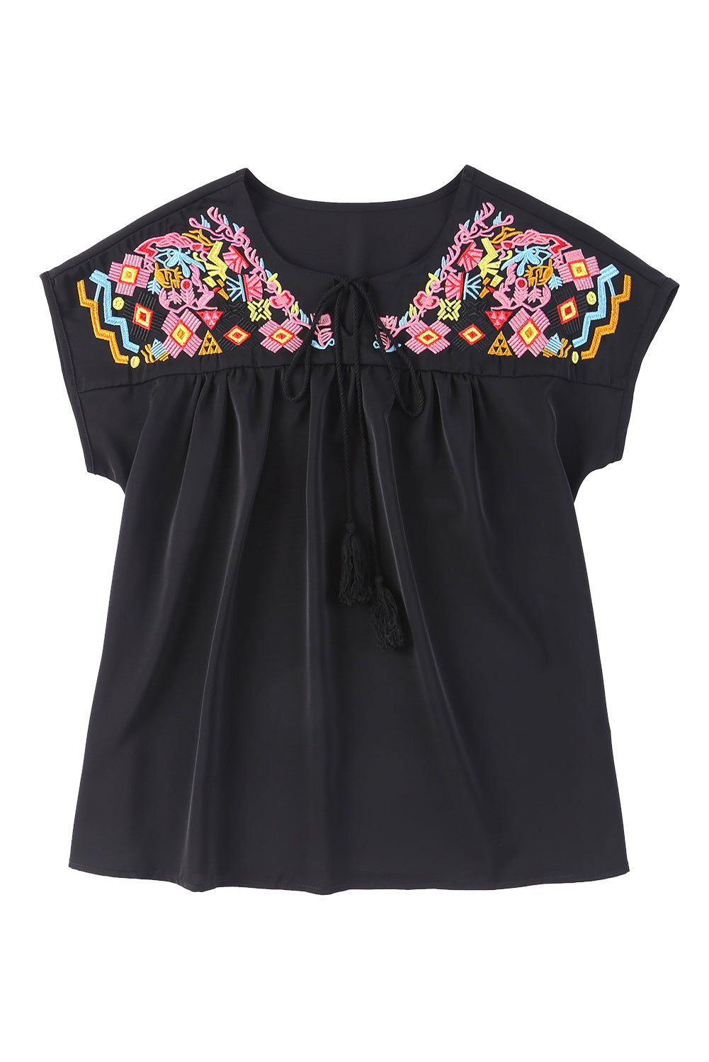 Geometric Floret Embroidered Short Sleeve Blouse | Black