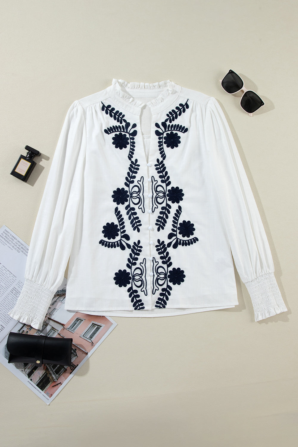 Floral Embroidered Shirred Sleeve Elegant Shirt | White