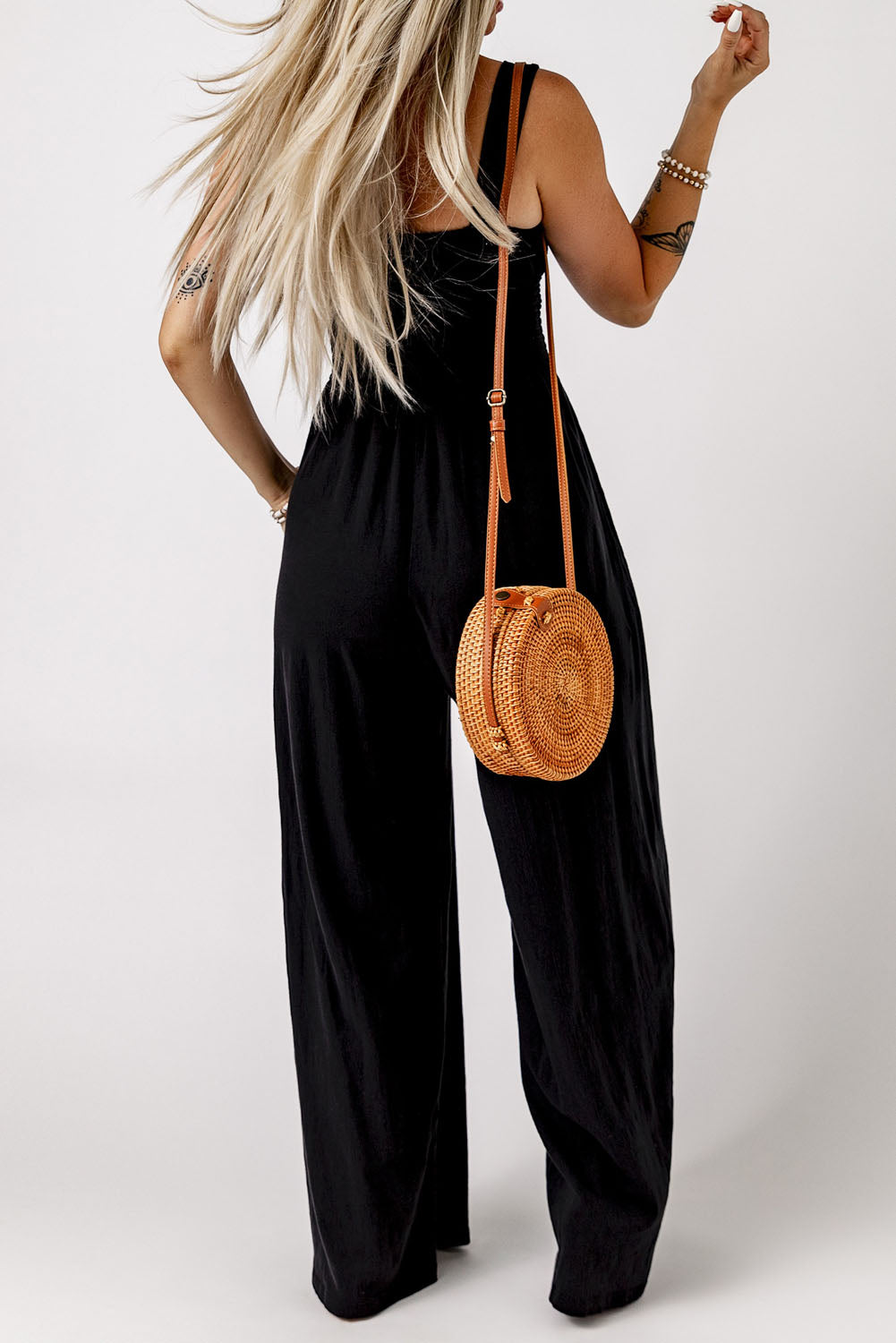 Smocked Sleeveless Wide Leg Jumpsuit With Pockets | Black