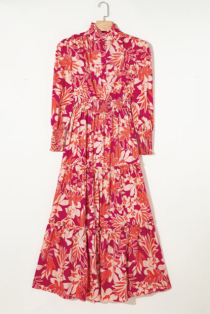 Floral Print Buttoned Smocked High Waist Maxi Dress | Rose