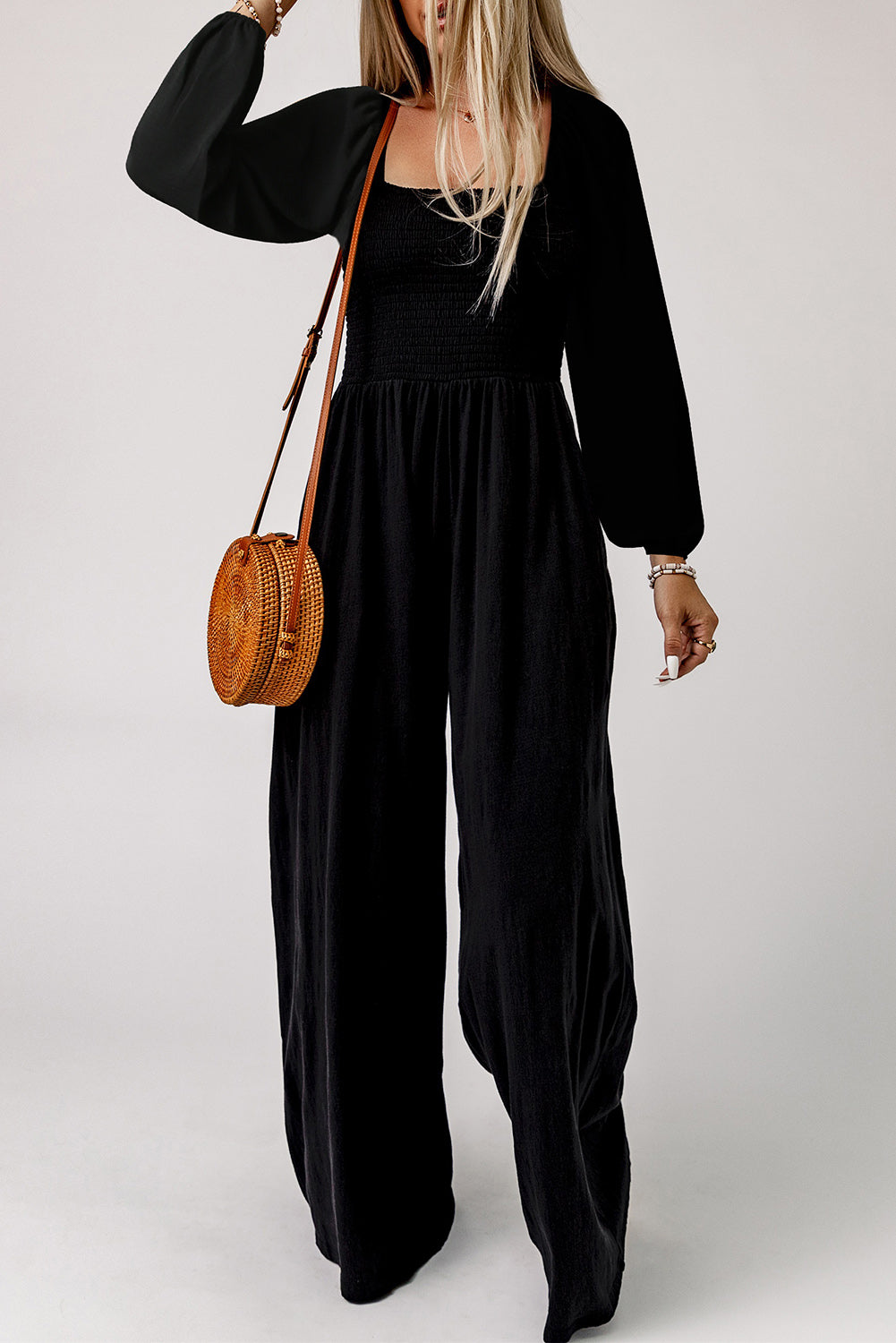 Smocked Square Neck Long Sleeve Wide Leg Jumpsuit | Black