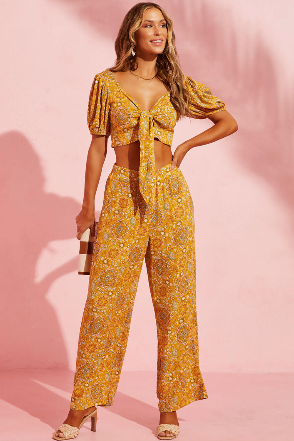 Bohemian Floral Print Pocketed Wide Leg Pants | Yellow