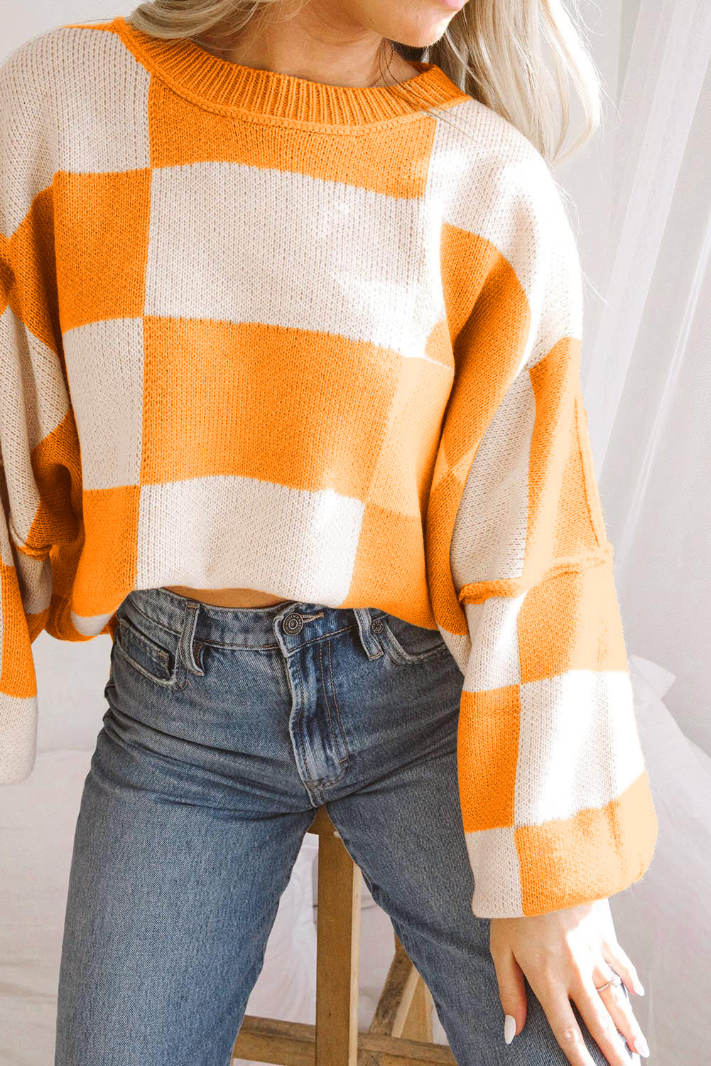 Orange Checkered Bishop Sleeve Sweater | Grapefruit Orange