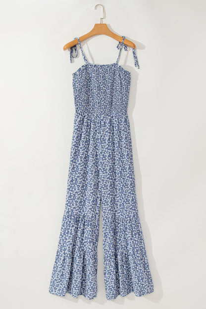 Thin Straps Smocked Bodice Wide Leg Floral Jumpsuit | Dusk Blue