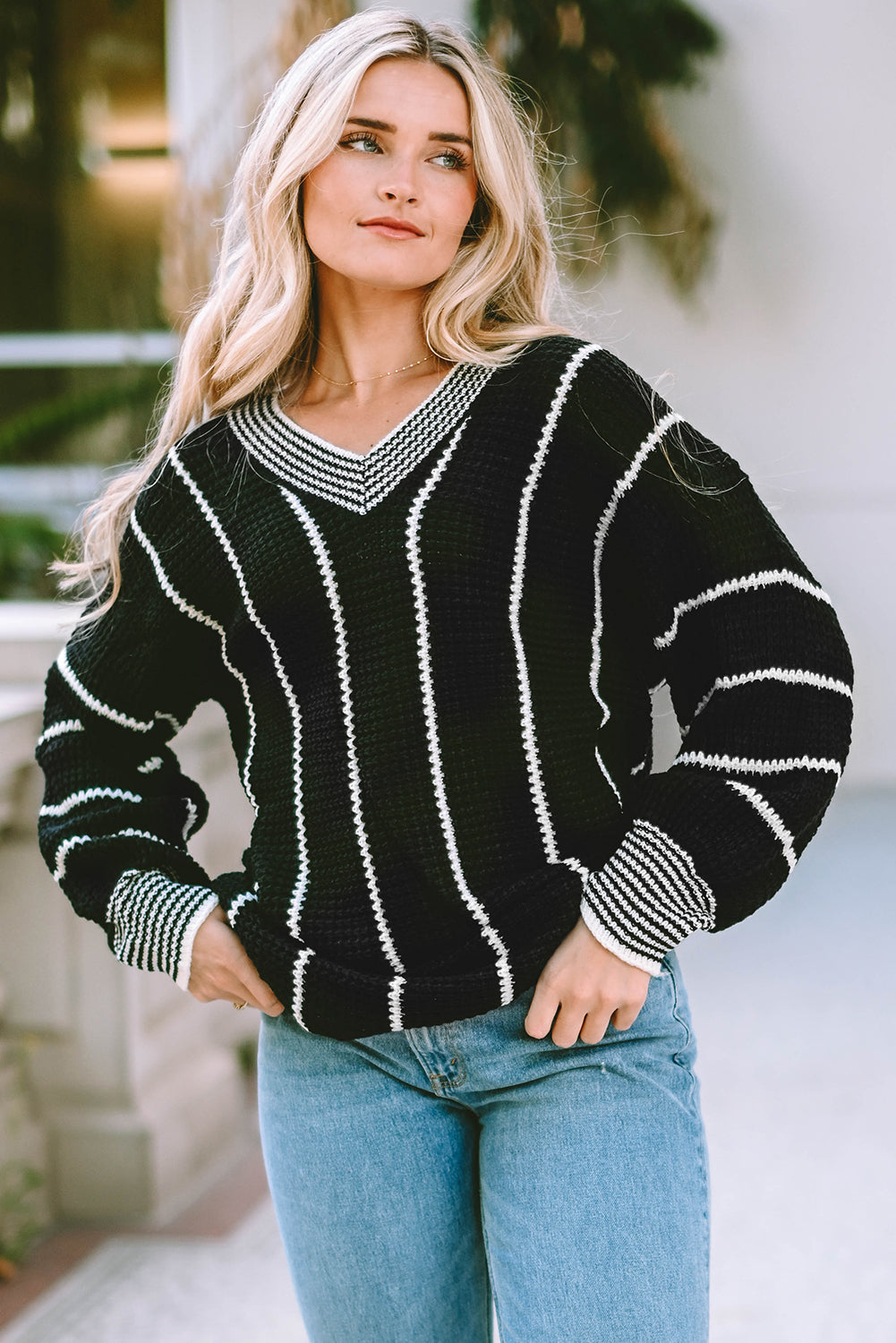 Colourblock Striped V Neck Knitted Loose Sweater | Black