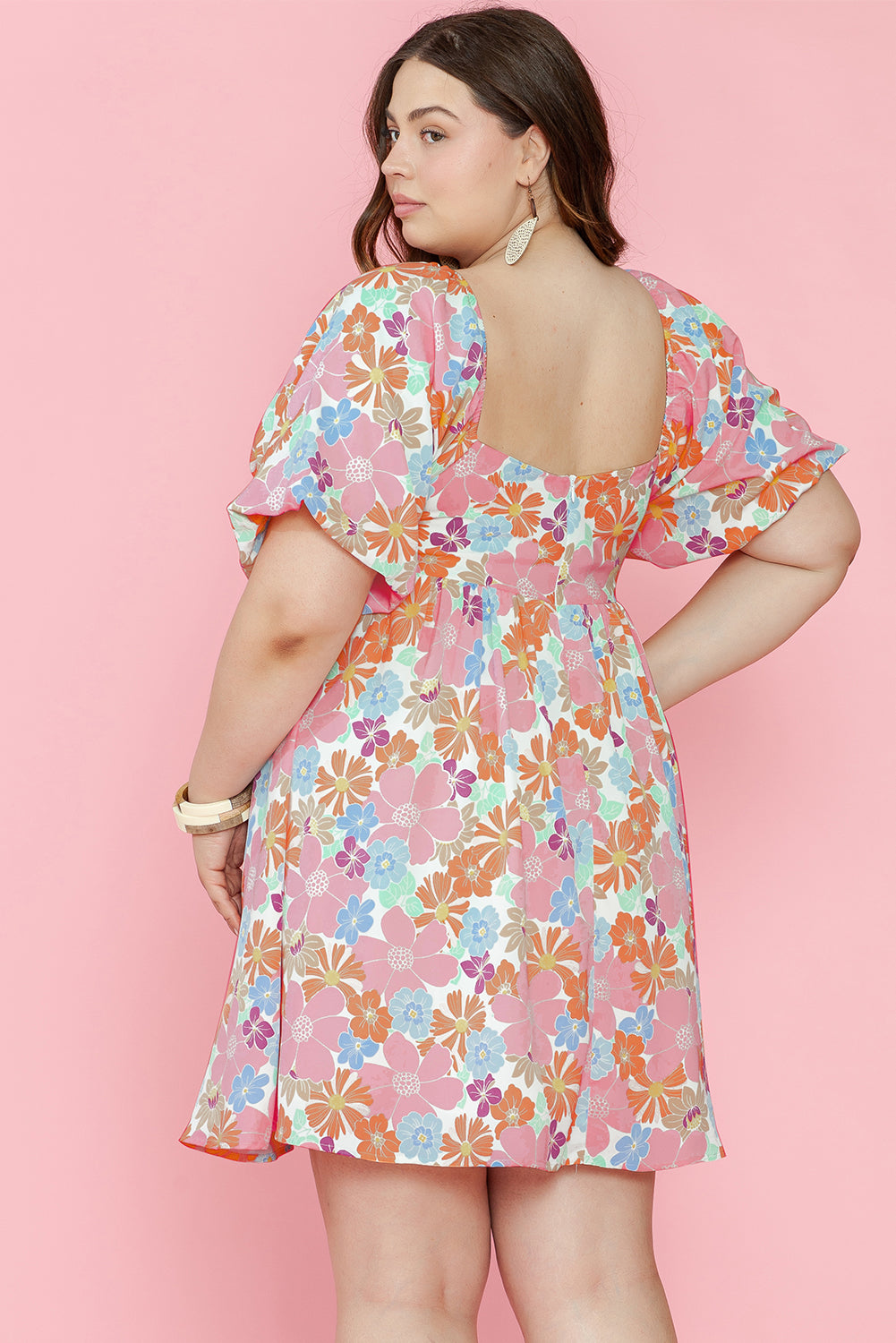 Floral Puff Sleeve Square Neck Plus Babydoll Dress | Multicolour