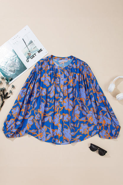 Floral Print Batwing Sleeve Buttoned Loose Fit Shirt | Blue