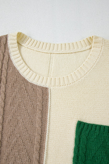 Plus Size Cable Knit Colour Block Drop Shoulder Sweater | Mist Green