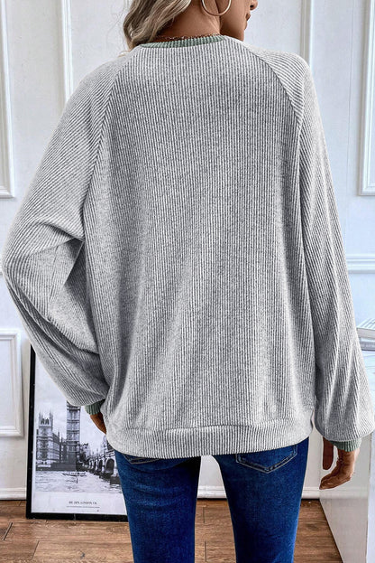 Colour Contrast Ribbed Loose Fit Long Sleeve Top | Light Grey