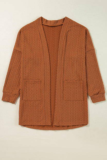 Textured Knit Side Pockets Open Front Cardigan | Chestnut