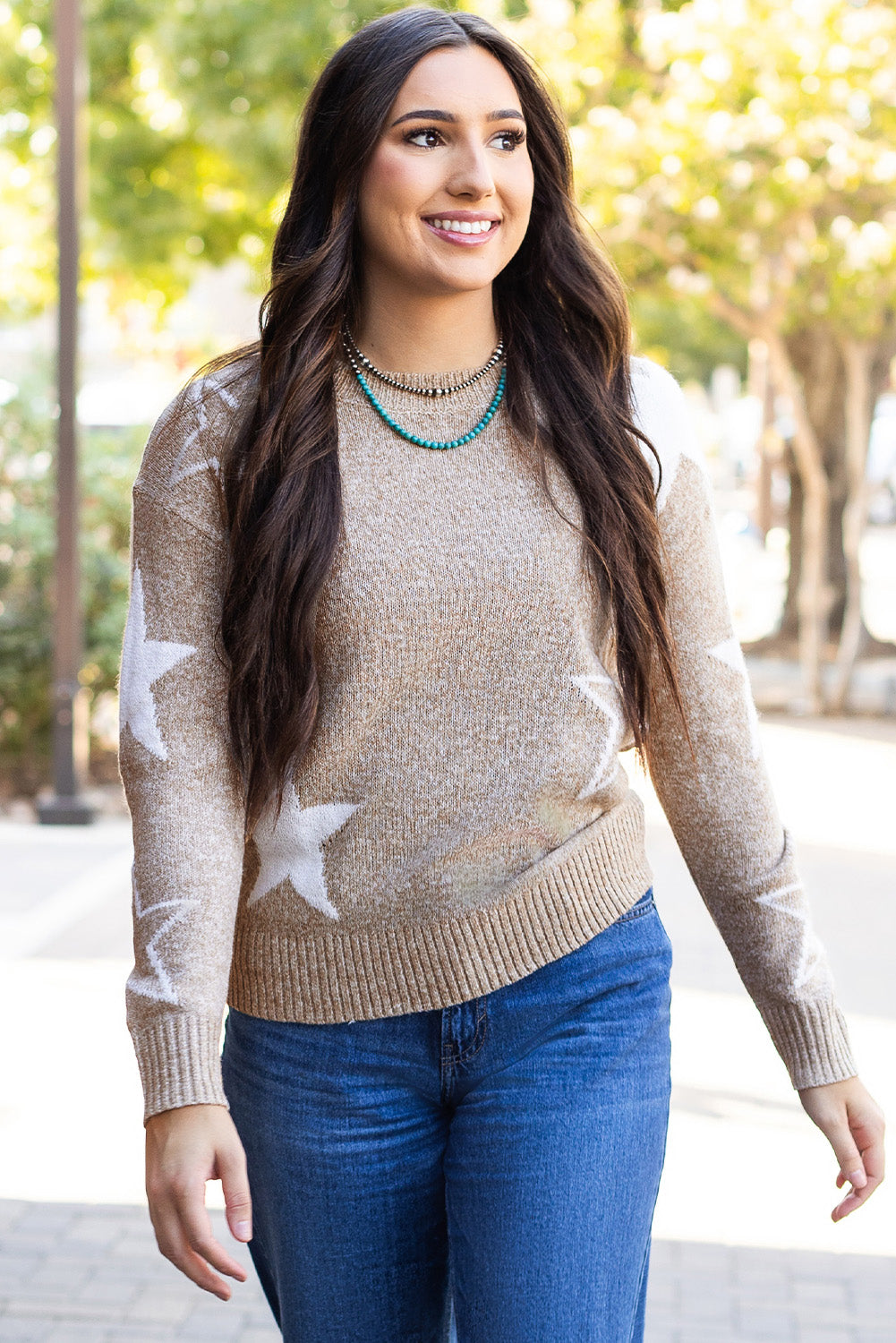 Star Pattern Drop Shoulder Sweater | Khaki