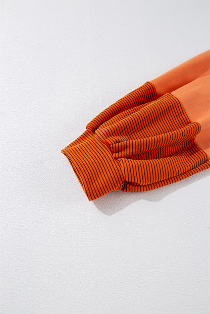 Exposed Seam Henley Turn-Down Neck Puff Sleeve Sweatshirt | Orange Stripe