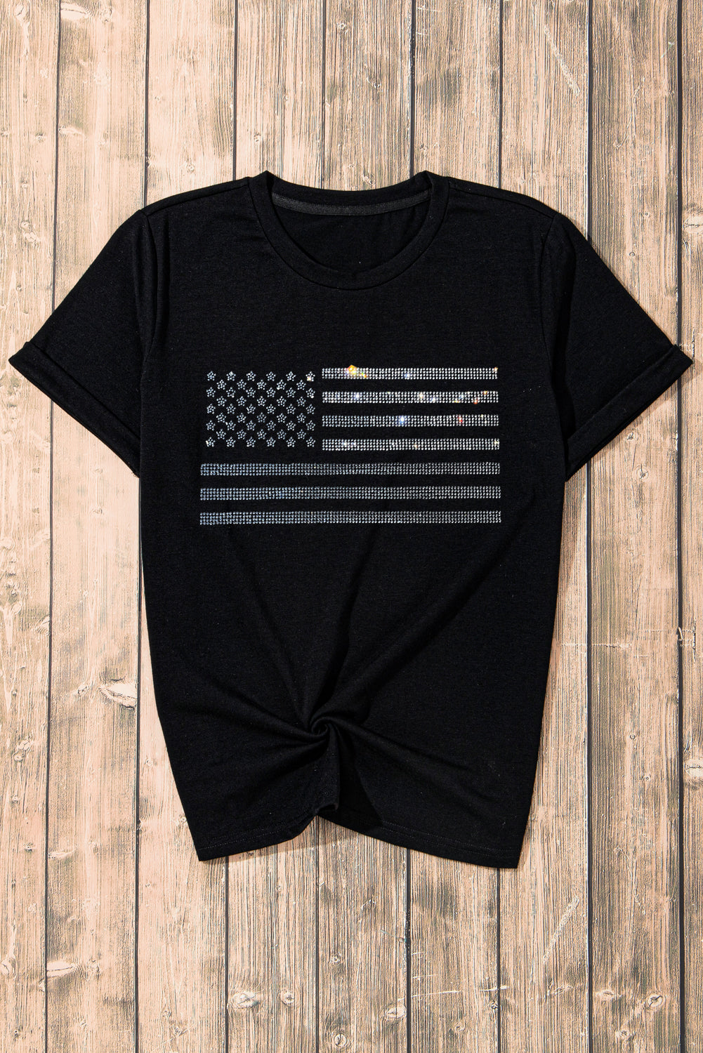 Glittering Rhinestone American Flag Pattern T Shirt | Black