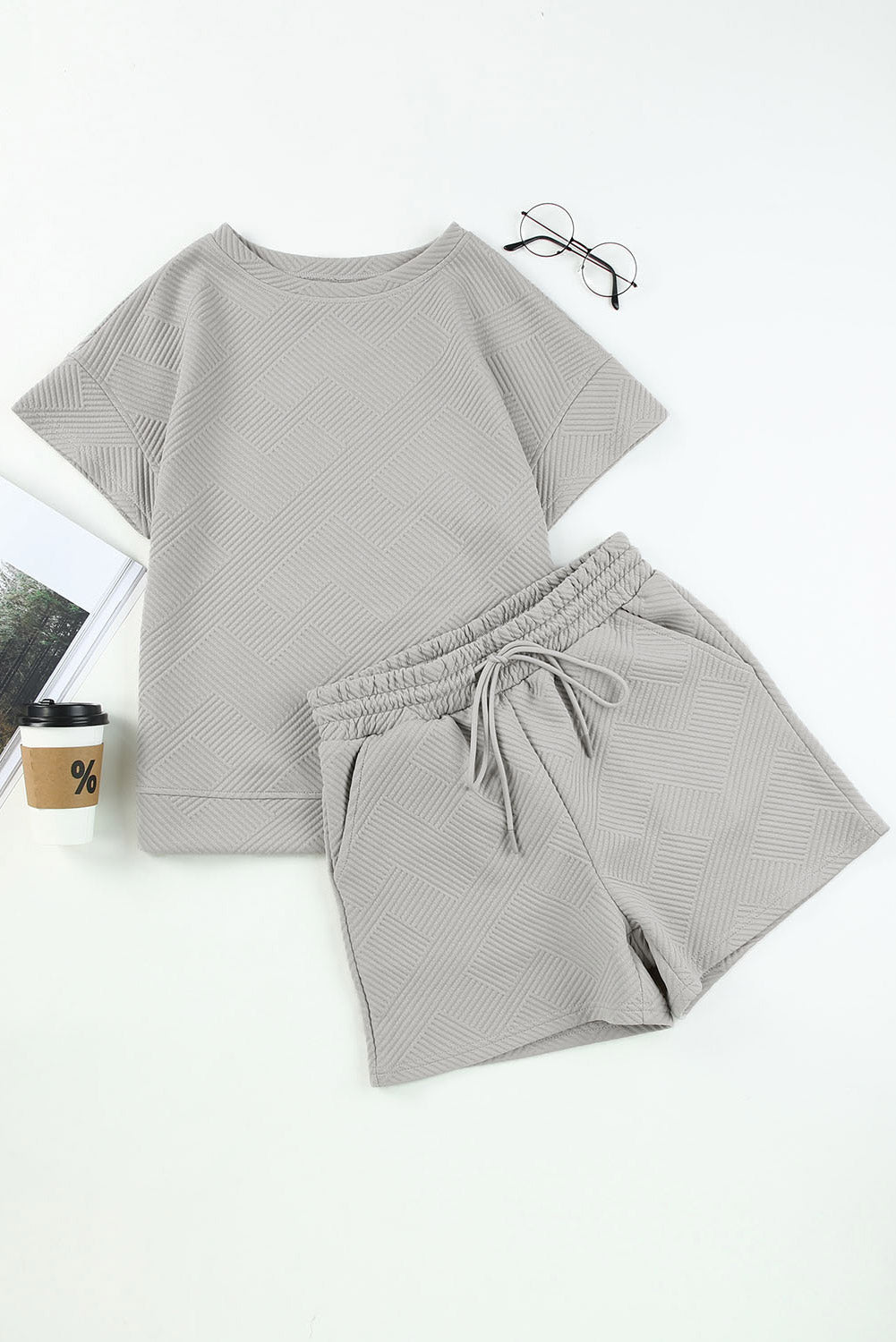 2 Piece Solid Textured Drawstring Shorts Set | Gray