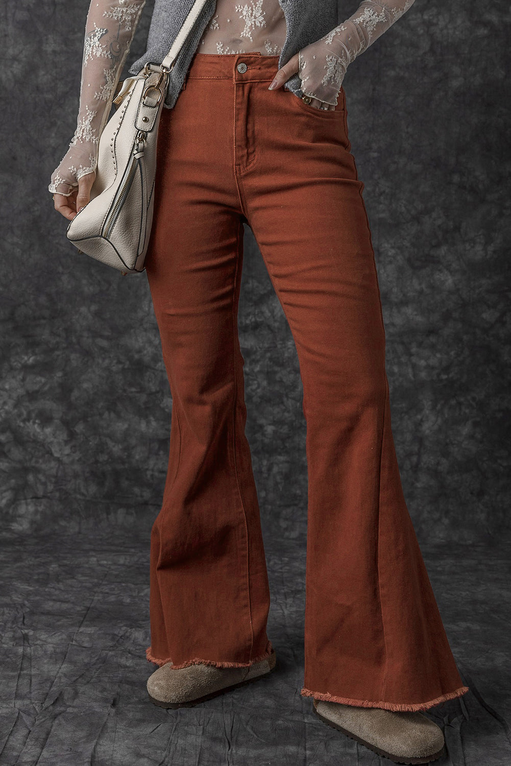 High Waist Raw Hem Flare Jeans | Red