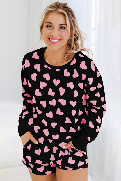 Valentine Heart Shape Print Long Sleeve Top Shorts Lounge Set | Black