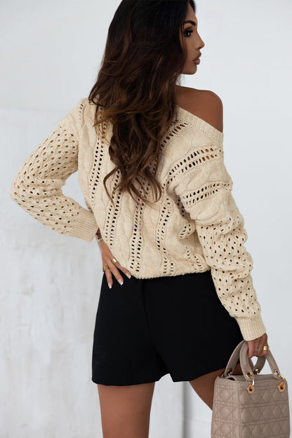 Eyelets Cable Knit Drop Shoulder Sweater | Khaki