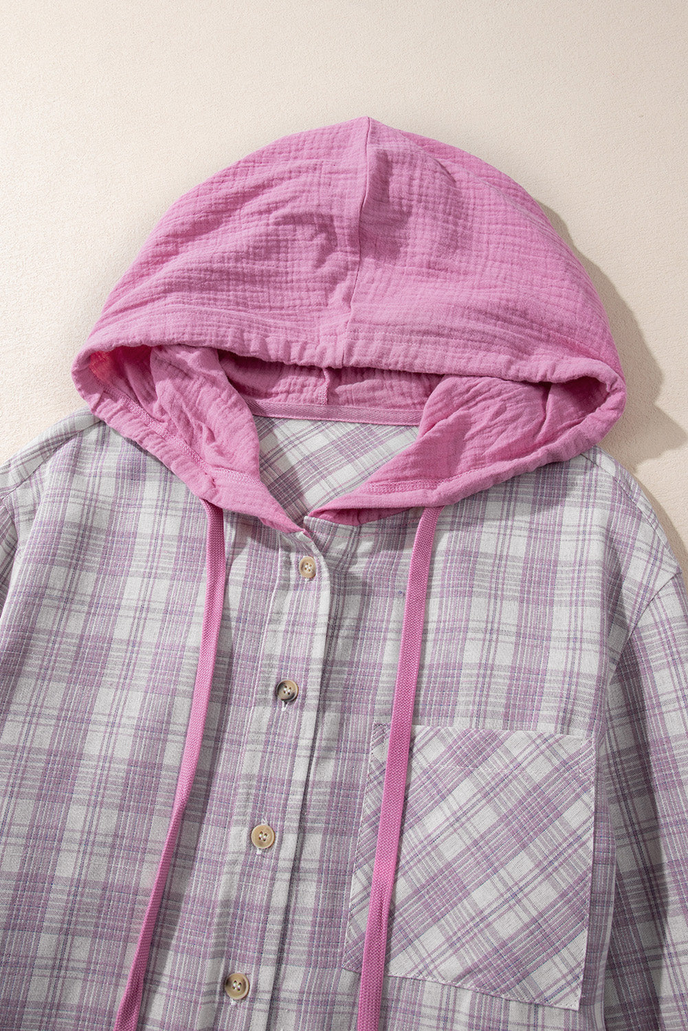 Checkered Print Loose Fit Buttoned Hooded Shacket | Pink