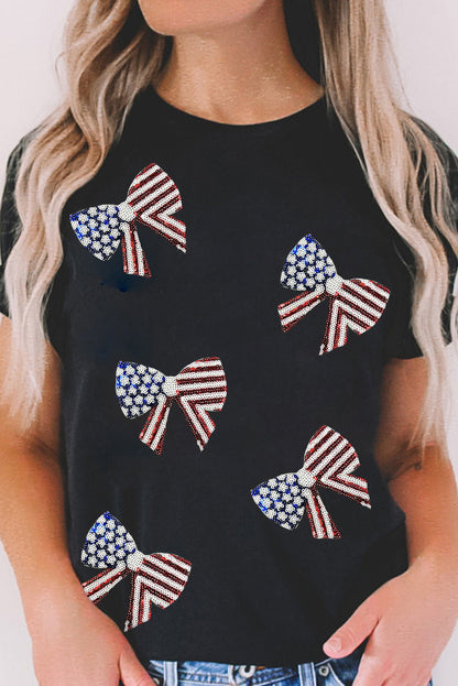 Black Sequined Flag Bowknot Graphic T Shirt